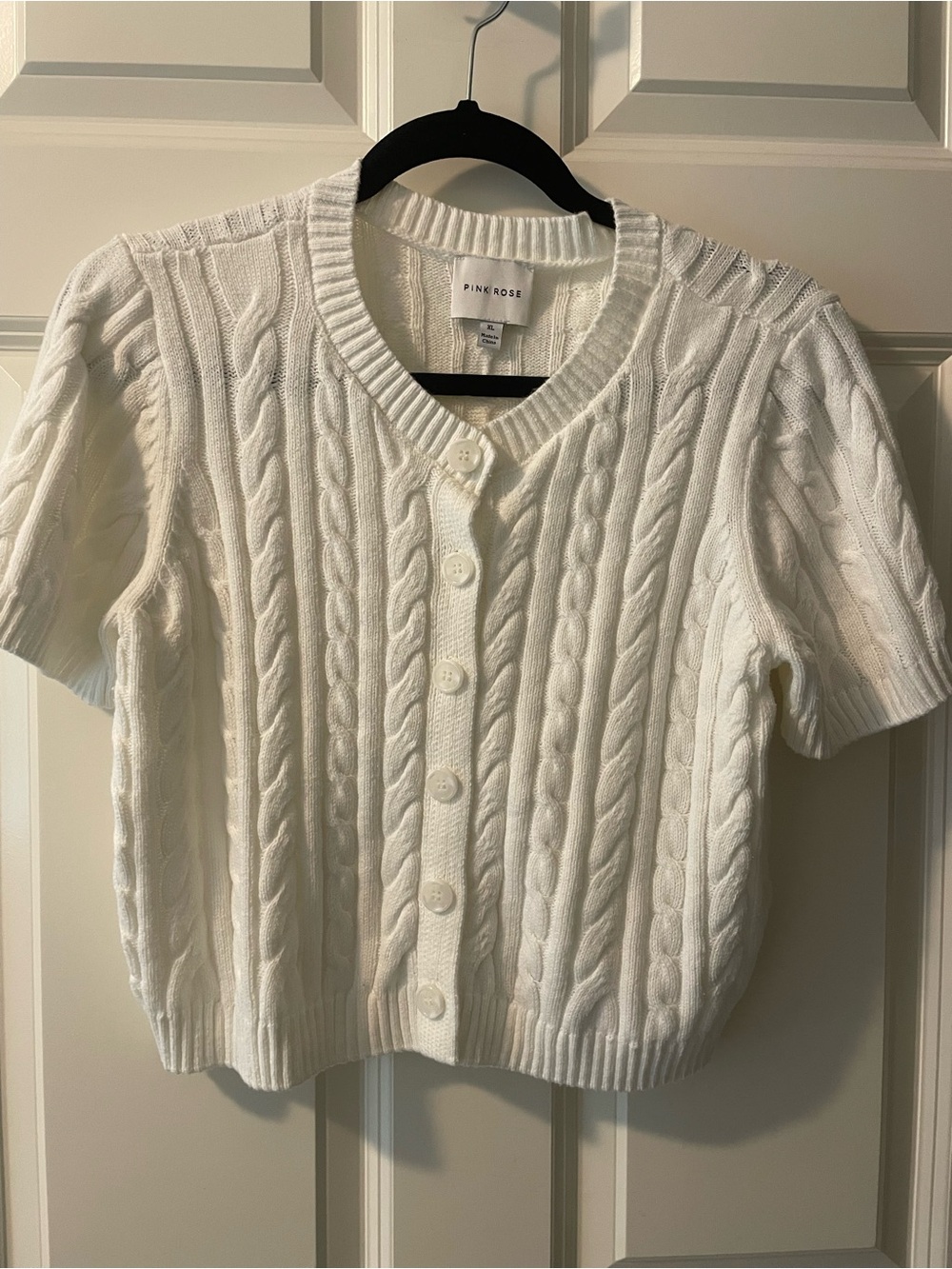 Pink Rose White Cable Knit Button-Front cropped Short-Sleeve Sweater